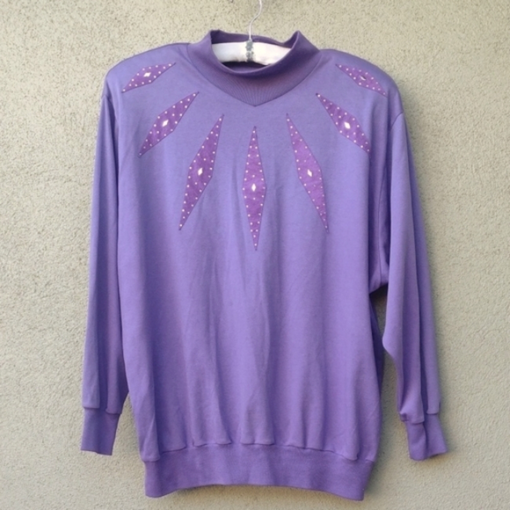Vintage 80s Pandamonium Purple Mock Neck Geometric Knit Top Women's Large